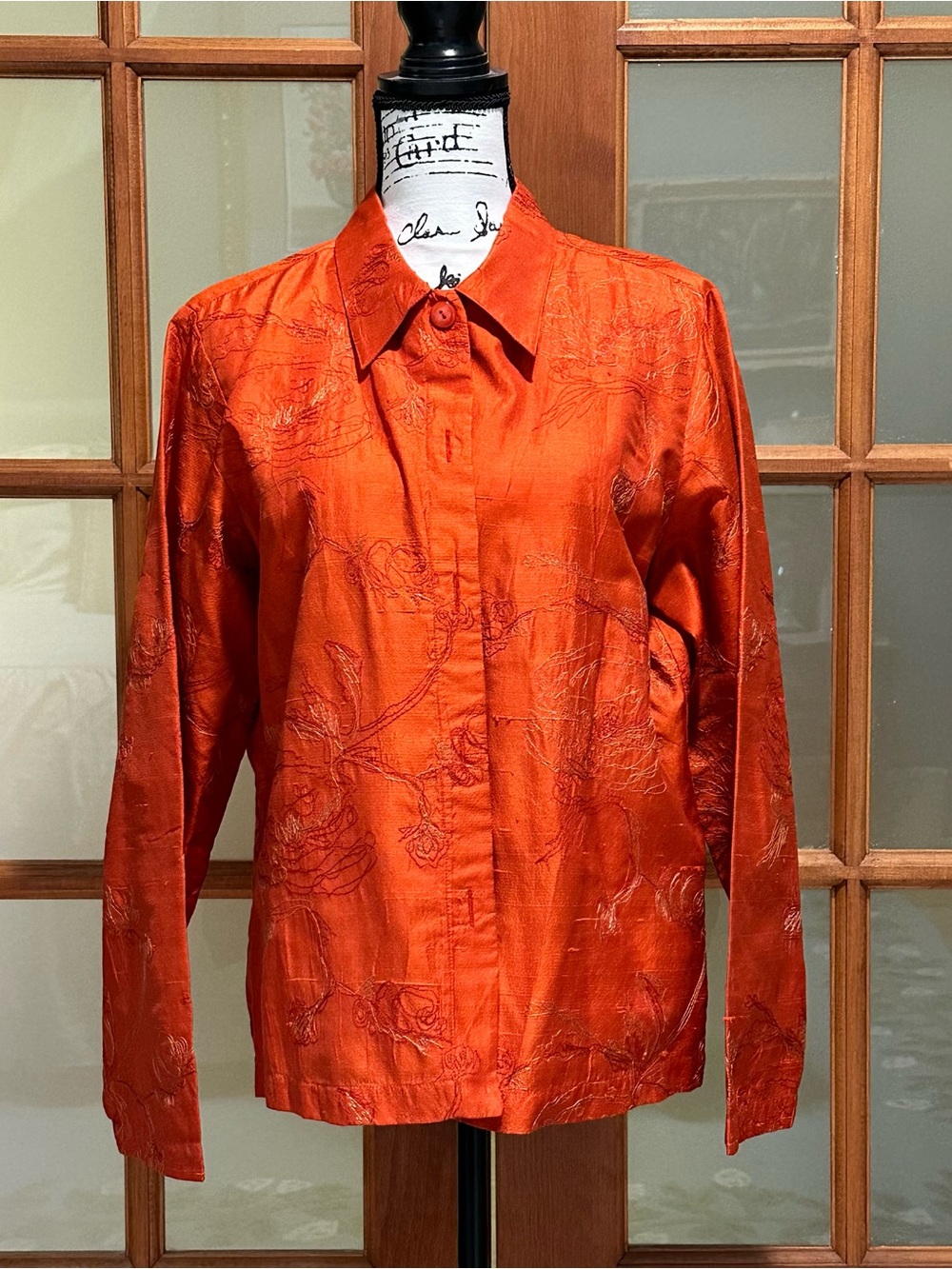 Coldwater Creek Orange Satin Floral Button-Front Blouse